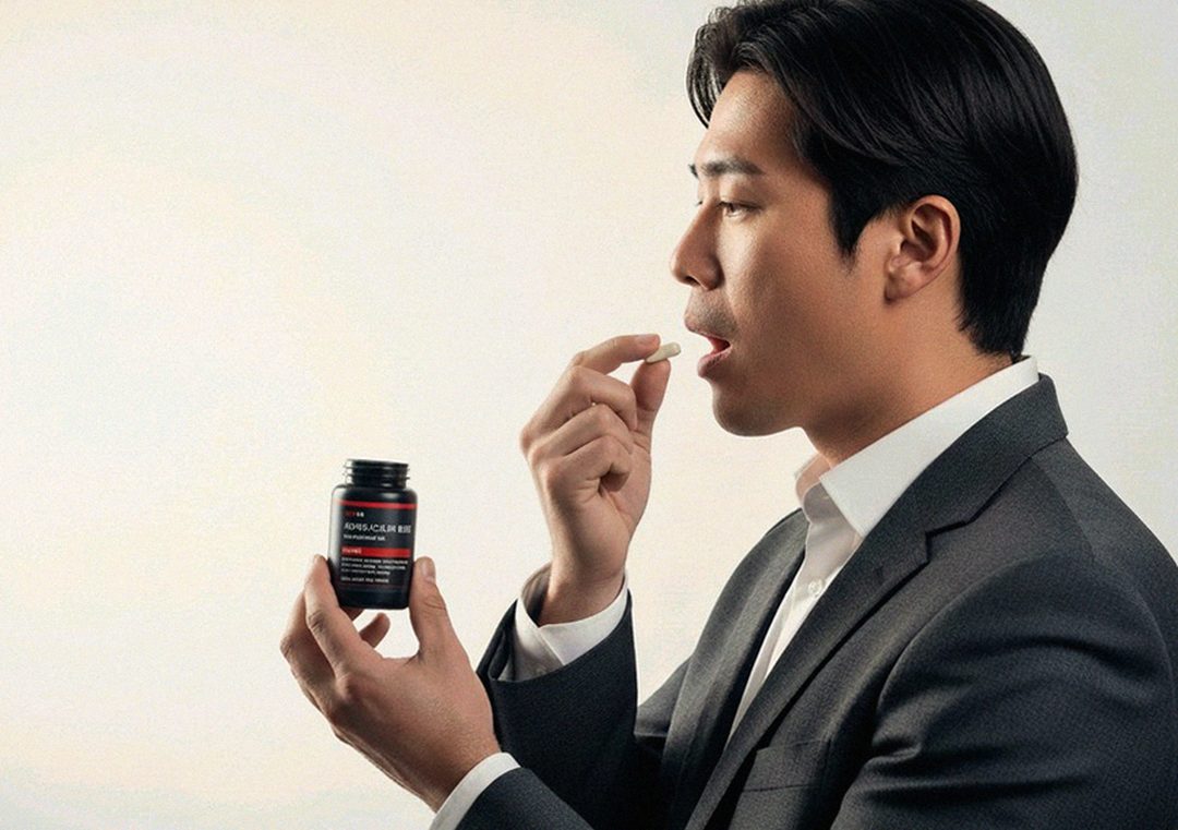Korean Asian man in 40s reviewing supplement experience at desk