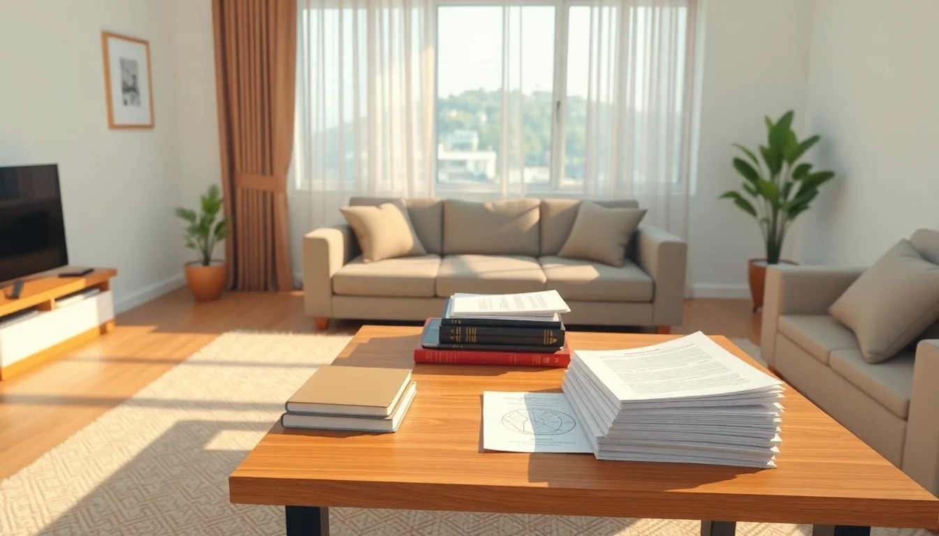 햇살이 비치는 거실, 테이블 위에 책과 서류가 놓여 있다.