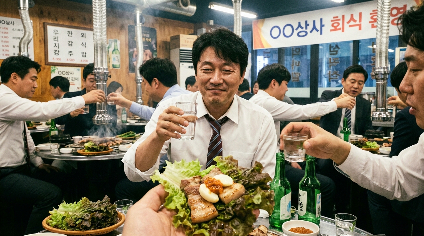 한국 회식 자리에서 소주 대신 물을 마시며 상추에 고기를 싸 먹는 다이어터의 방어적인 모습