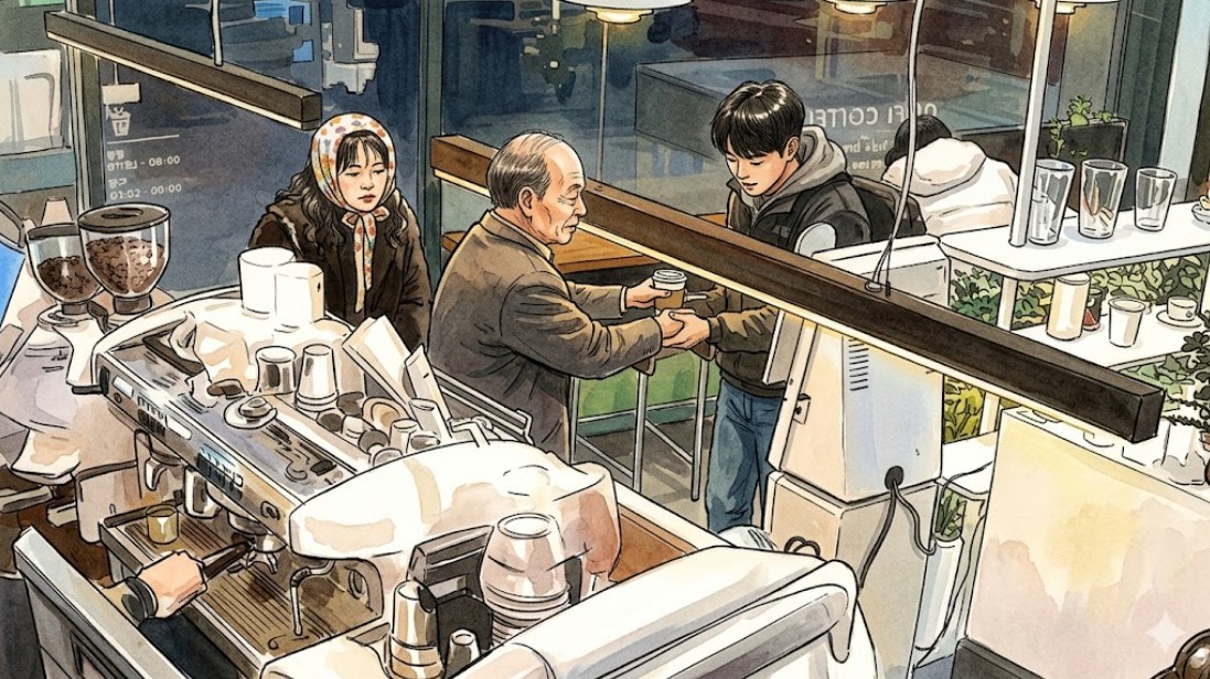 어르신을 발견하여 인근 카페로 모신 뒤, 따뜻한 생강차를 대접하고 경찰이 올 때까지 곁을 지킴