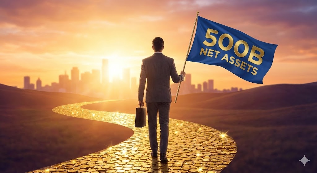 황금빛 동전들이 깔린 길 위로 '순자산 5,000억 돌파' 깃발을 꽂으며 전진하는 스마트한 투자자의 뒷모습