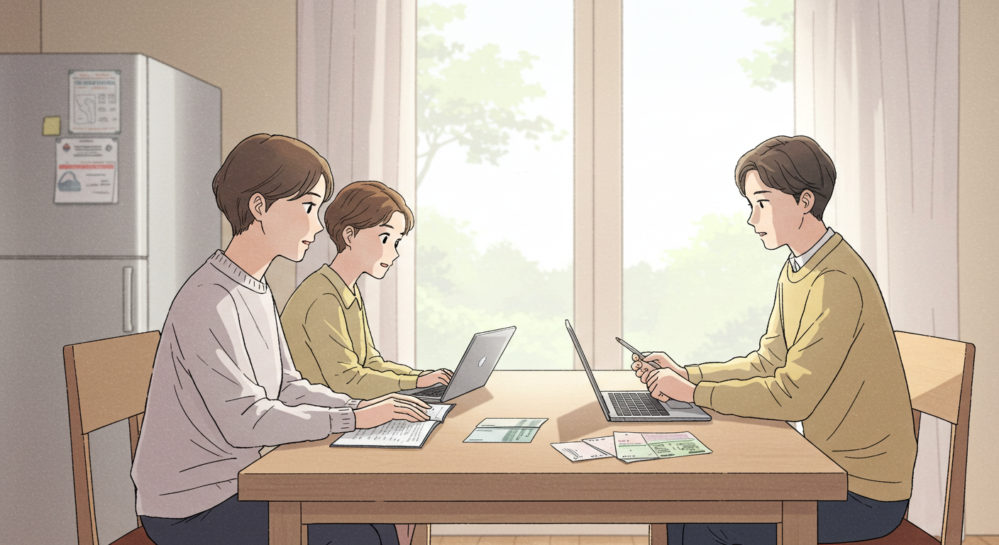 민생지원금 신청 정보를 확인하는 한국 가족