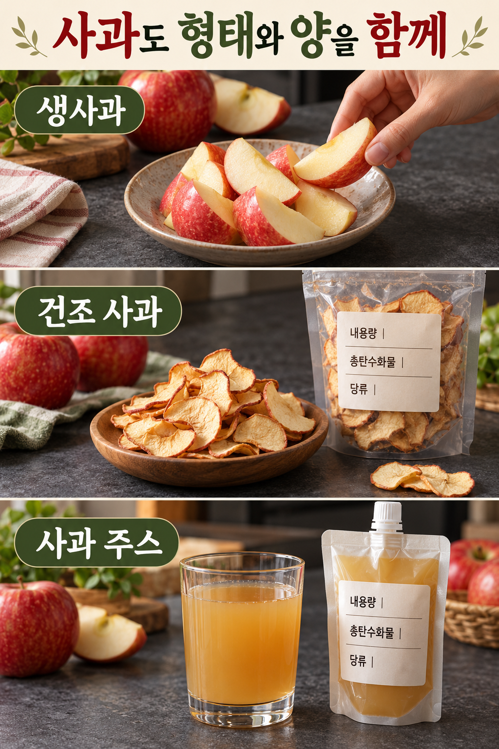 생사과와 말린 사과&middot;즙의 내용량과 영양 표시를 구분하는 장면.