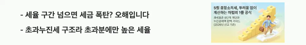 종합소득세 세율: '세율 구간 넘으면 세금 폭탄? 오해입니다 / 초과누진세 구조라 초과분에만 높은 세율'이라는 문구가 포함된 웹배너 이미지. 이 이미지는 과세표준 구간 경계에서의 세금 변화와 초과누진세 구조 정보를 시각적으로 전달하며, 블로그의 종합소득세 세율 구간 경계 오해 바로잡기와 관련된 내용을 설명함