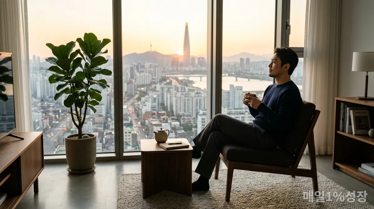 서울 고층 아파트 창가에서 아침을 맞으며 사색에 잠긴 성공한 한국인