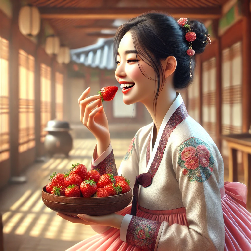 한복 스타일의 현대적인 의상을 입은 한국 여성이 신선한 딸기를 즐기는 모습. 그녀는 작은 그릇에 담긴 딸기를 손에 들고 있으며, 따뜻한 조명이 비치는 한국 전통 찻집에서 행복한 표정을 짓고 있다.