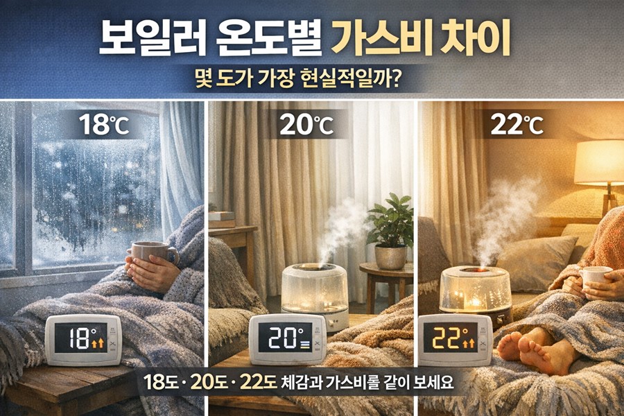 보일러를 18도와 20도, 22도로 설정했을 때 체감온도와 가스비 차이를 비교하며 외풍과 커튼, 실내 환경까지 함께 보여주는 이미지