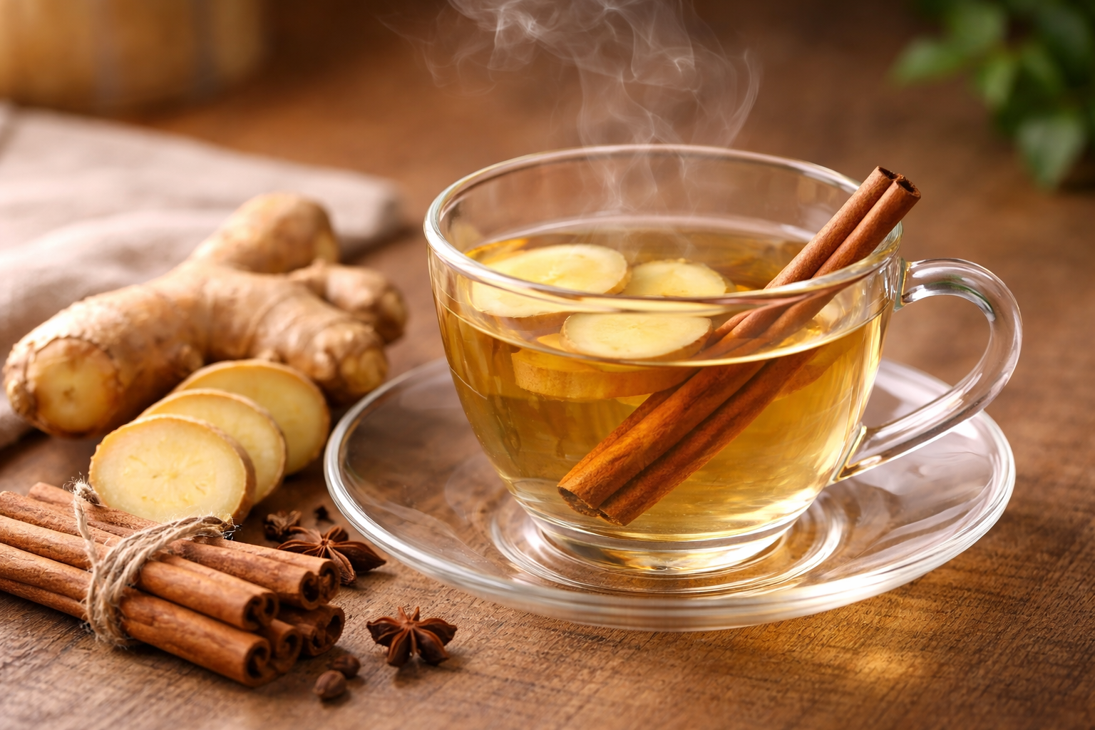 갈색 나무 테이블 위에 놓인 따뜻한 차 한 잔과 신선한 생강, 시나몬 스틱이 어우러진 건강한 차 이미지