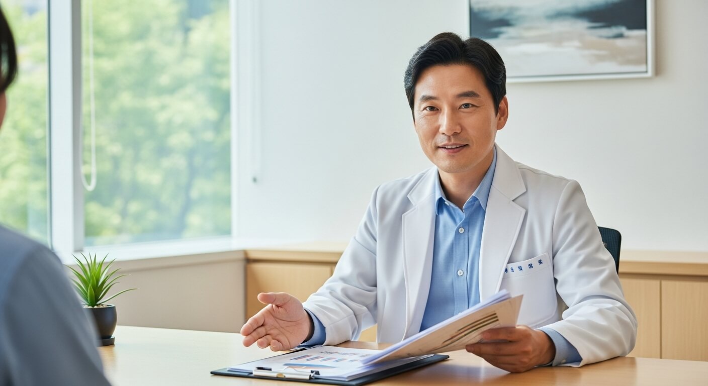병원 진료실에서 의사가 환자에게 건강검진 상담을 하는 장면