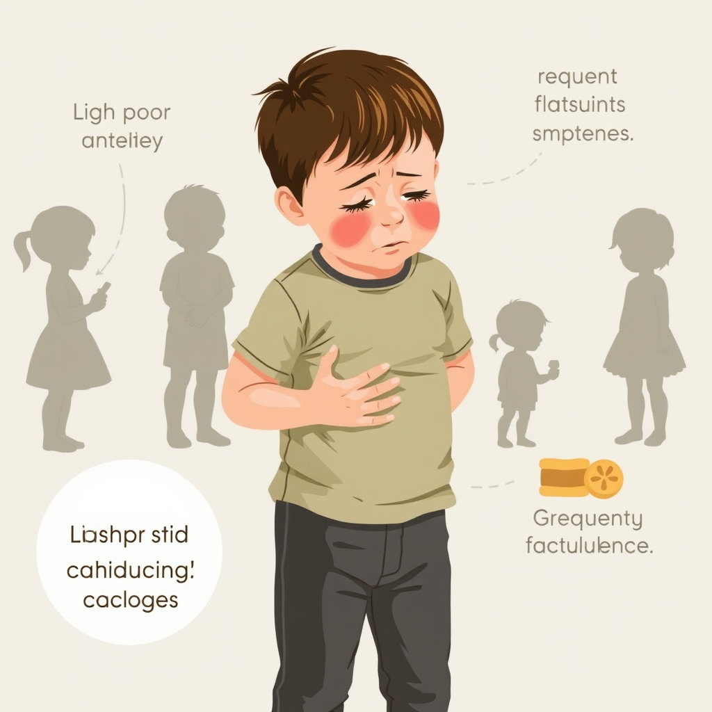 복통으로 배를 움켜쥔 아이, 식욕 부진, 그리고 성장 지연을 상징하는 아이의 그림자를 한 이미지에 모아 표현합니다. 설사가 심하고 냄새가 지독하며 색이 옅은 변, 잦은 방귀 등이 동반될 수 있습니다.