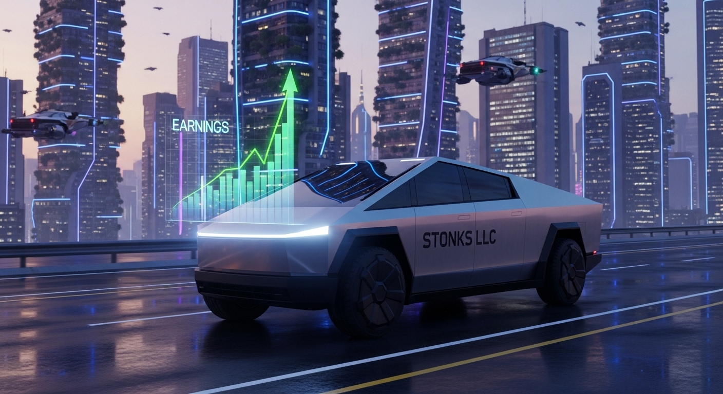Cybertruck autonomously driving through a futuristic city with earnings graph rocketing upward.