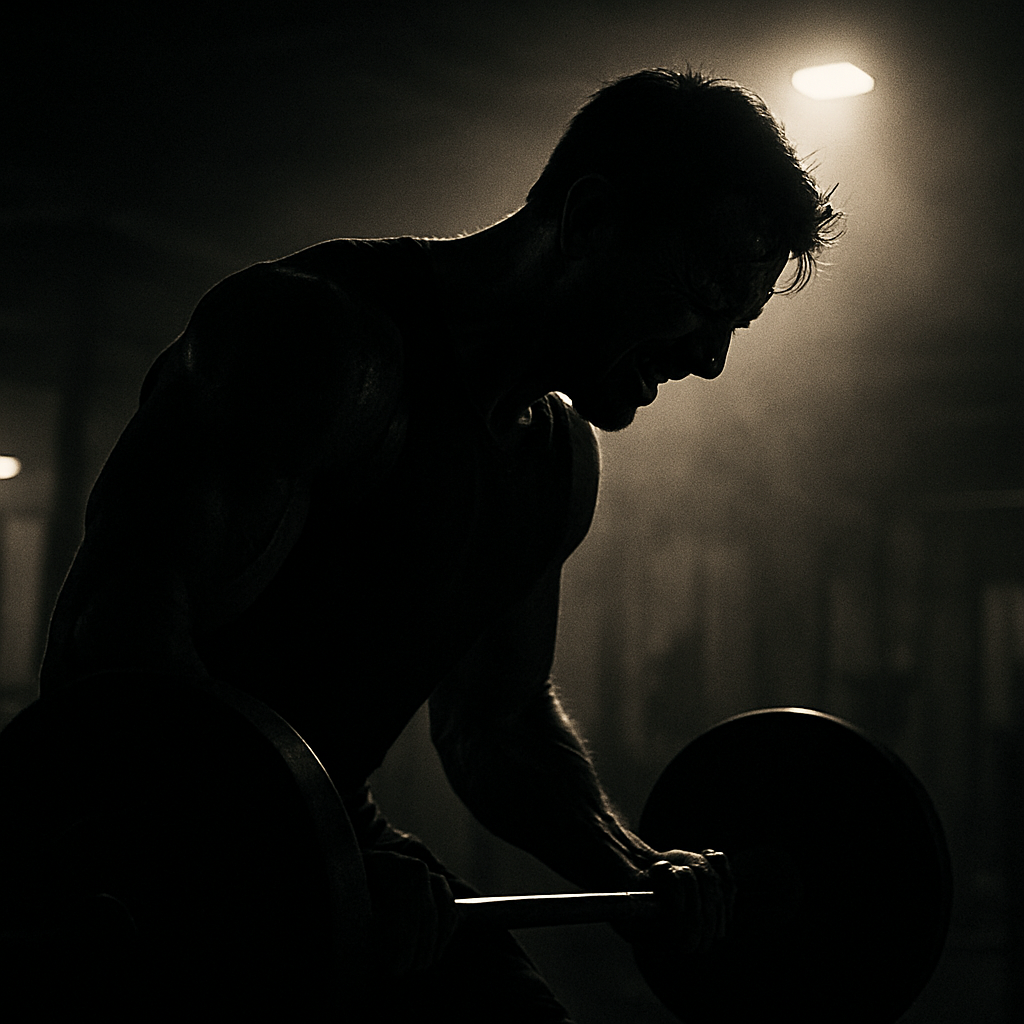 헬스장에서 땀 흘리며 강도 높은 훈련을 하는 남성의 실루엣