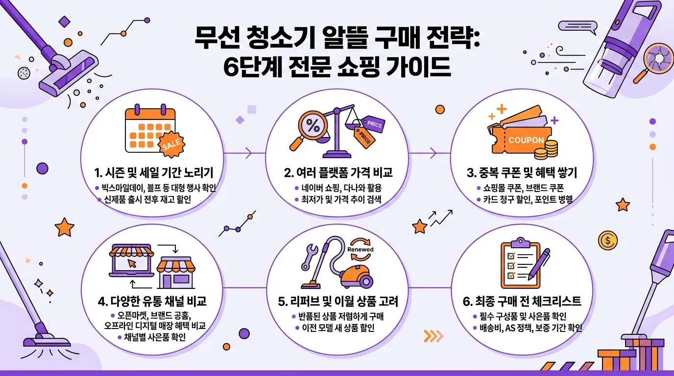 무선 청소기 할인 전략 6가지를 아이콘으로 정리한 요약 인포그래픽