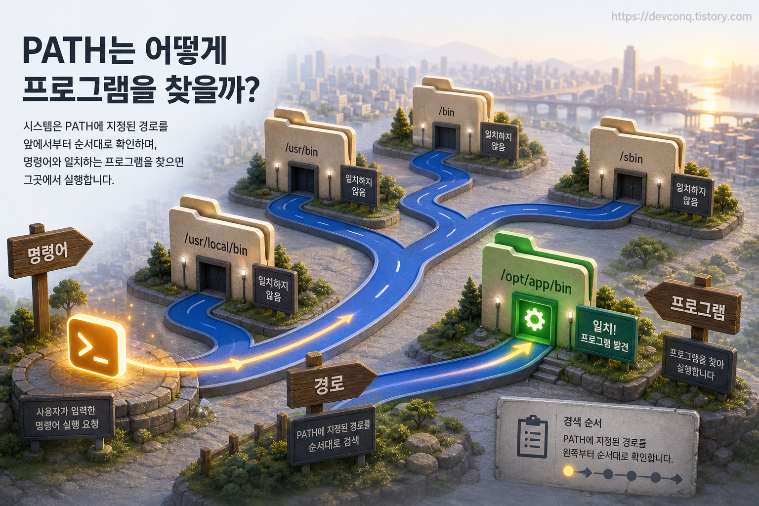 여러 폴더 경로가 이어진 길을 따라 명령어가 프로그램을 찾아가는 흐름을 담은 개념 일러스트