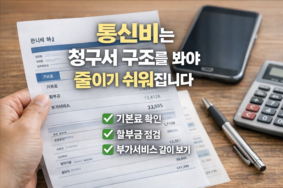 2026 통신비 많이 나오는 이유를 이해하기 위해 기본료, 단말기 할부금, 부가서비스 항목을 한눈에 보여주는 청구서 점검 이미지