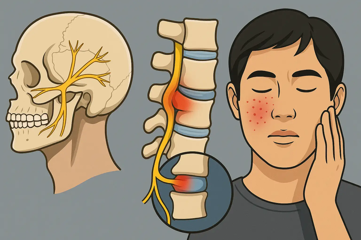 두개골 내부 삼차신경 구조를 보여주는 해부학적 일러스트, 목 디스크로 인해 신경이 눌리는 모습을 보여주는 그래픽, 한쪽 얼굴이 저린 사람의 모습