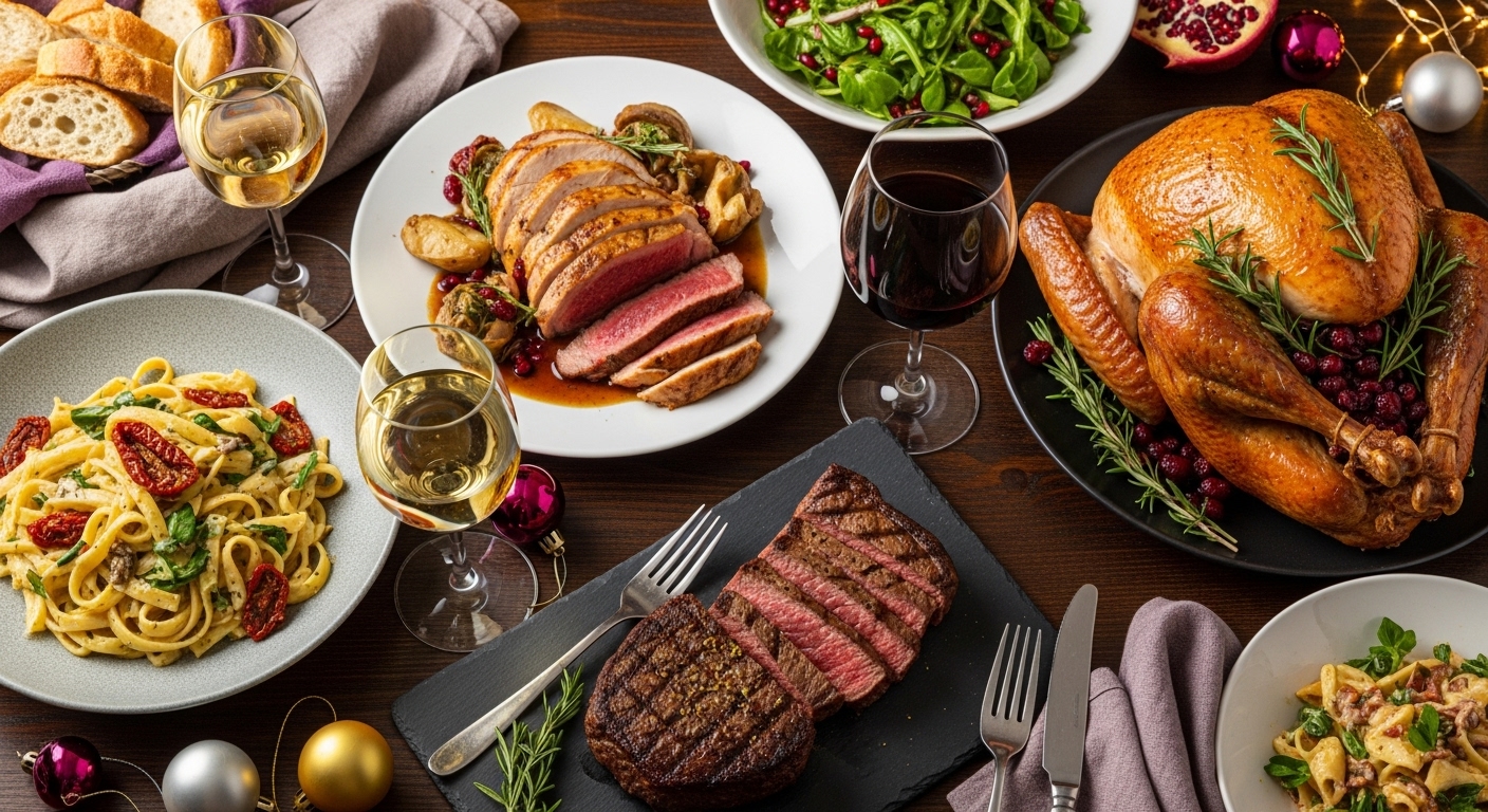 크리스마스 홈파티 메인 요리(스테이크, 닭고기, 파스타)와 그에 어울리는 레드 와인, 화이트 와인이 함께 세팅된 모습.