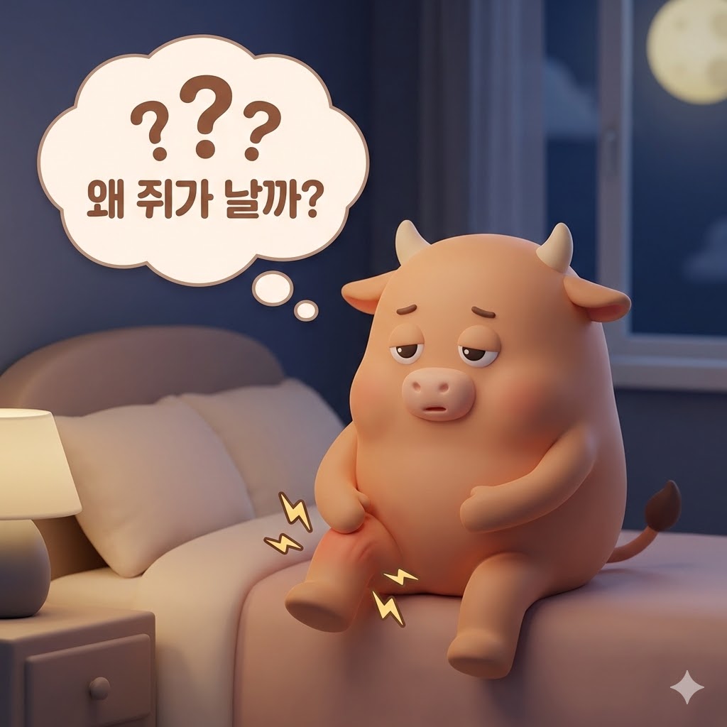 밤에 종아리에 쥐가 나서 당황하는 귀여운 종아리 근육 캐릭터가 '왜 쥐가 날까?'라고 생각하는 3D 카툰 일러스트.
