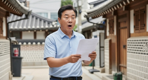 놀란 표정의 중년 남성&amp;#44; 손에 종이 쥔 모습