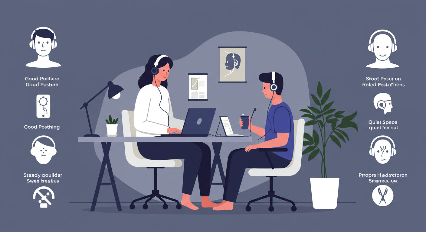 올바른 청취 자세와 환경을 보여주는 일러스트