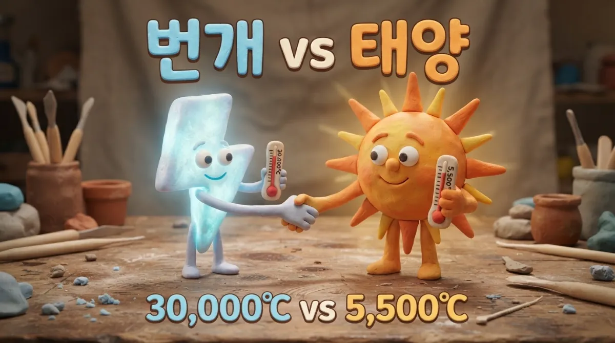 어두운 밤하늘을 가르는 강력한 번개 방전과 붉게 타오르는 태양의 온도를 비교하는 과학 일러스트