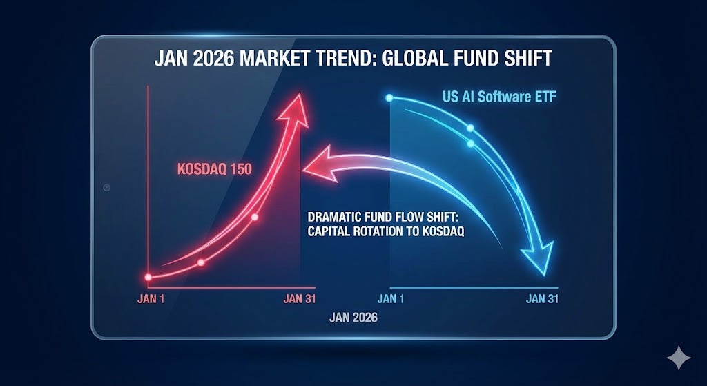 코스닥 150 지수 그래프가 수직 상승하는 모습과 대조적으로 미국 AI 소프트웨어 ETF 그래프가 꺾이는 대비 효과 그래픽