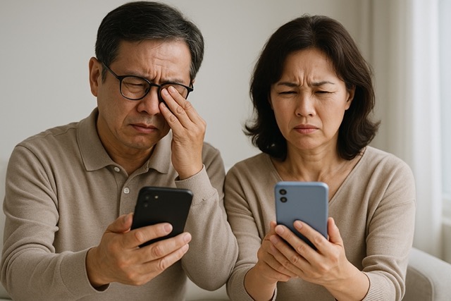 침침한 눈으로 스마트폰을 멀리 들고 보는 중년 남성과 여성의 일상 모습(출처: 자체제작)