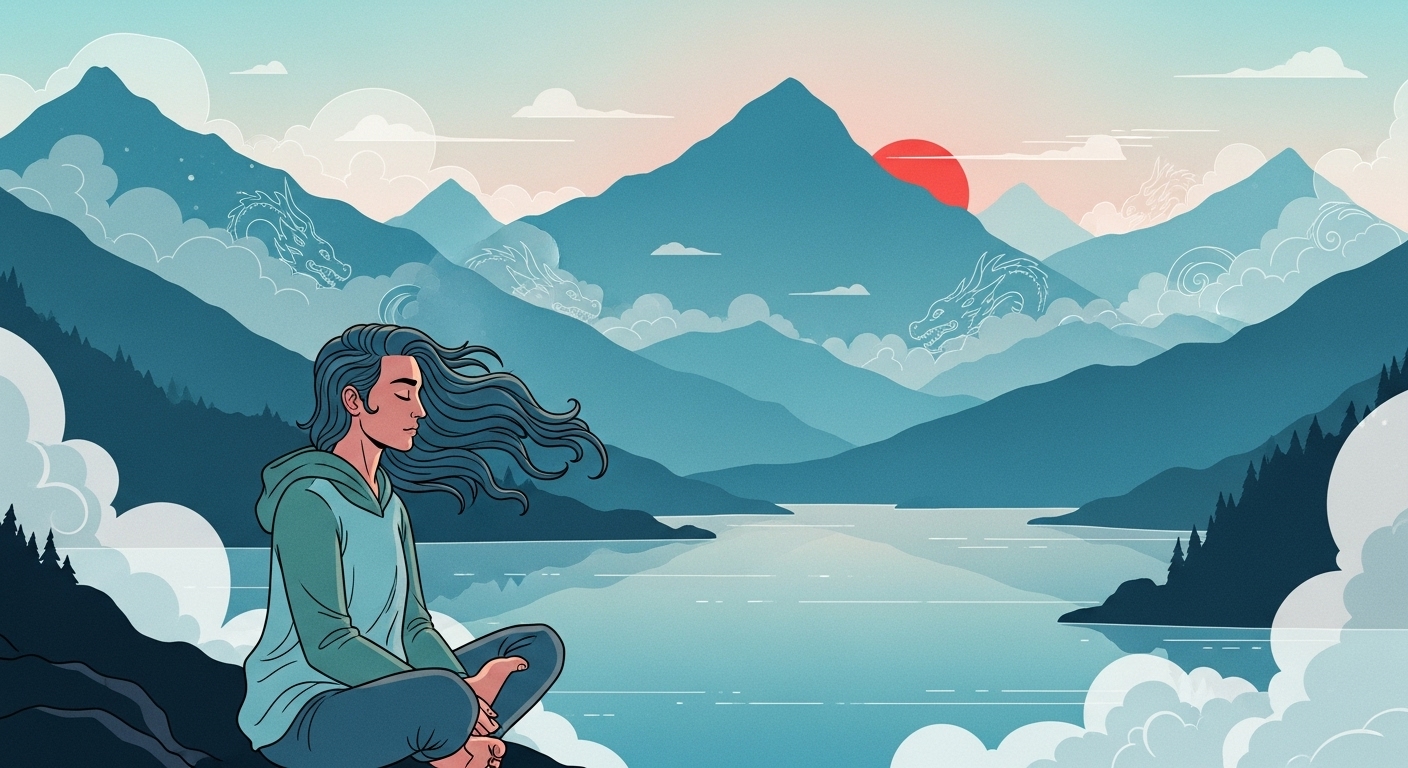 용띠의 건강 관리와 스트레스 해소의 중요성을 나타내는, 푸른 자연 속에서 요가와 명상을 하는 사람의 모습.