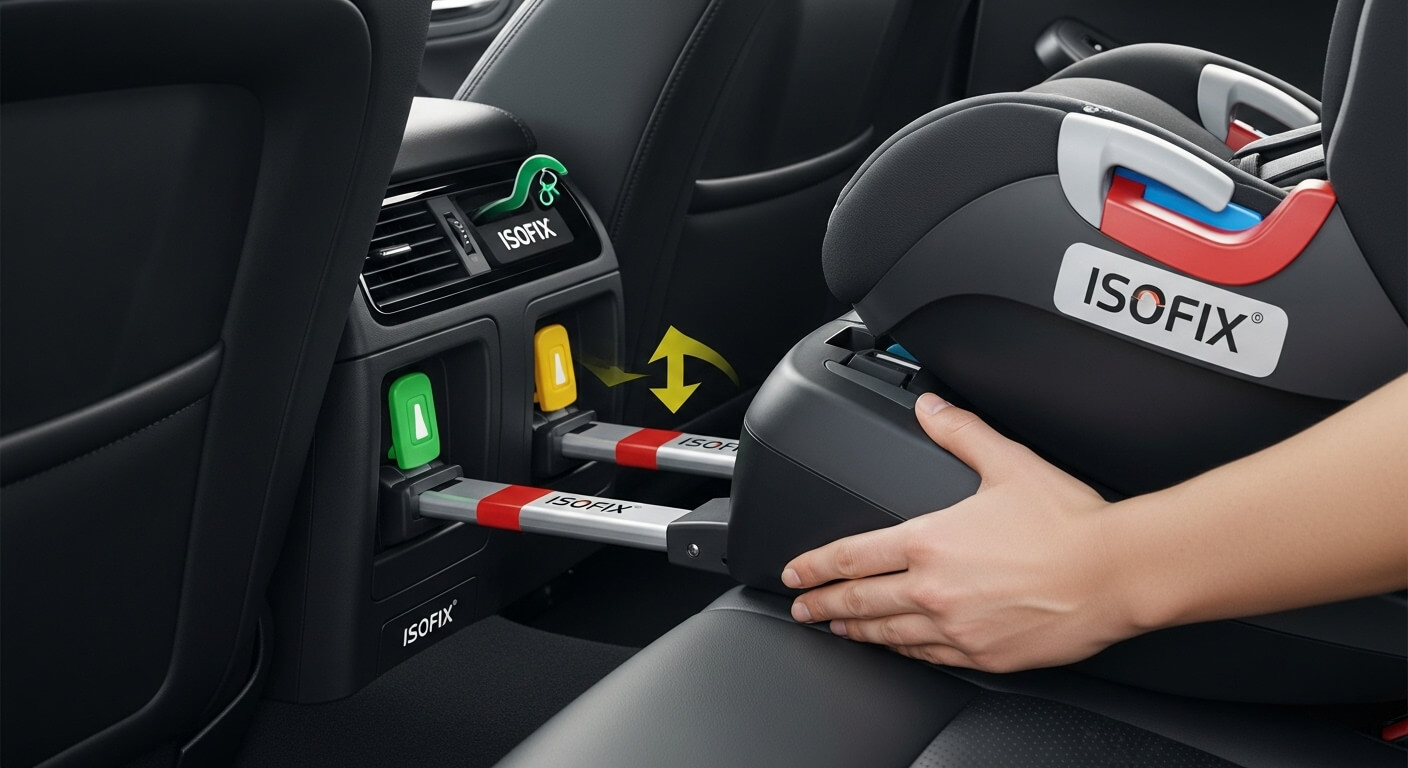 ISOFIX 고정 장치를 활용하여 카시트를 차량에 장착하는 이미지