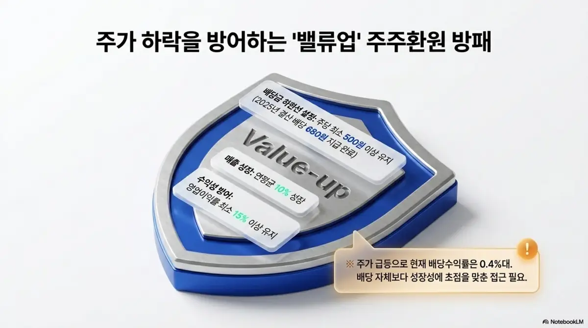 피에스케이 주가 전망: 피에스케이의 밸류업 주주환원 정책을 방패로 표현한 이미지. 주당 배당금 500원 이상 유지, 매출 연평균 10퍼센트 성장, 영업이익률 15퍼센트 이상 유지 목표와 2025년 결산 배당 680원 지급을 시각적으로 전달하며, 블로그의 피에스케이 배당금과 주주환원 분석과 관련된 내용을 설명함
