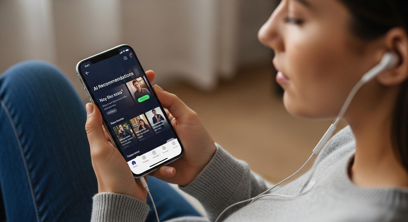 스마트폰으로 AI 음악 추천을 받아 이어폰으로 듣는 모습