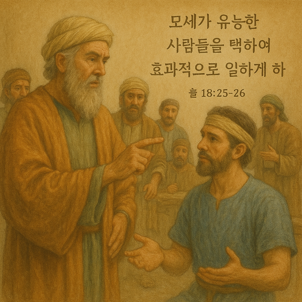 출 18:25-26 말씀을 보며&amp;#44; 모세가 장인의 조언을 듣고 일을 분산함으로써 일을 효과적으로 수행한 것처럼 저도 일을 함에 있어서 하나님의 뜻과 주변 사람의 뜻을 잘 살피며&amp;#44; 혼자 일을 하려하기 보다 다른 사람들과 일을 나누며 효과적으로 일하는 결정을 하는 모습입니다.
