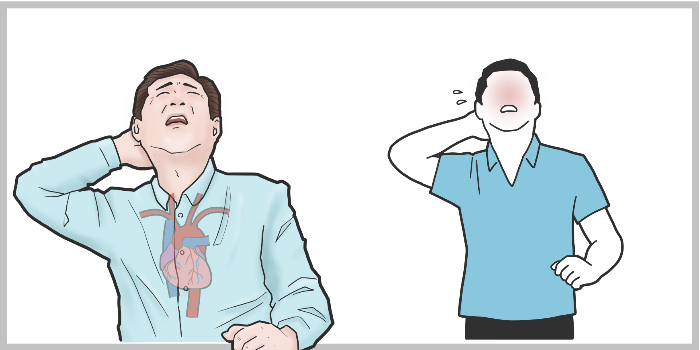 목 뒤 통증을 호소하며 불편한 표정을 짓는 남성의 모습, 심장과 혈관 구조가 강조된 삽화