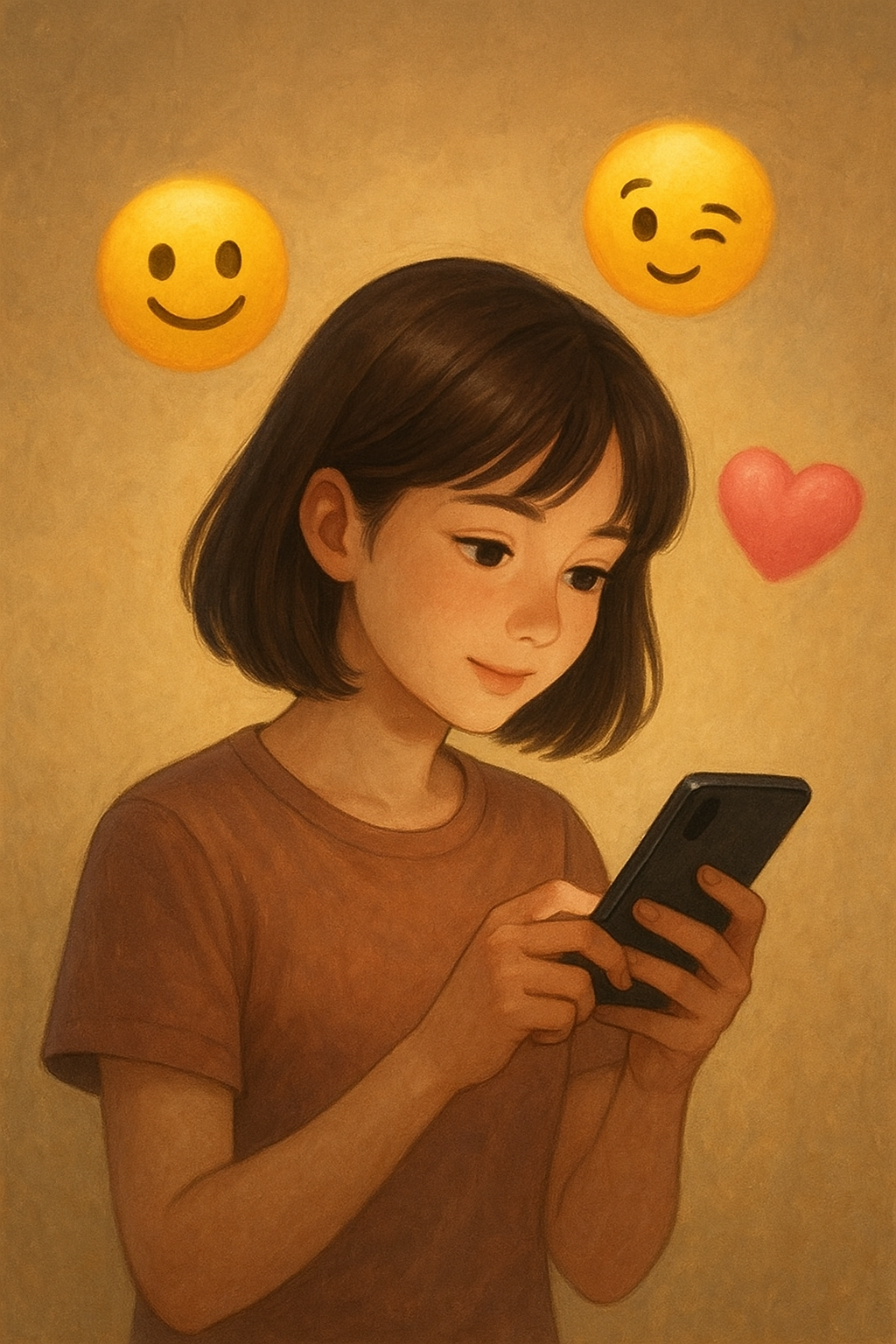 핸드폰을 만지며 화면을 보고 있는 단발머리의 소녀 주변으로 이모지가 둥둥 떠다닌다