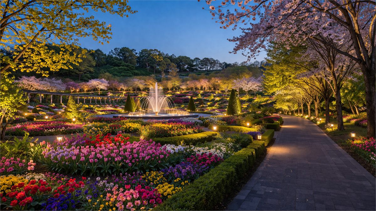 조명이 켜진 정원과 분수가 함께 보이는 야간 풍경 