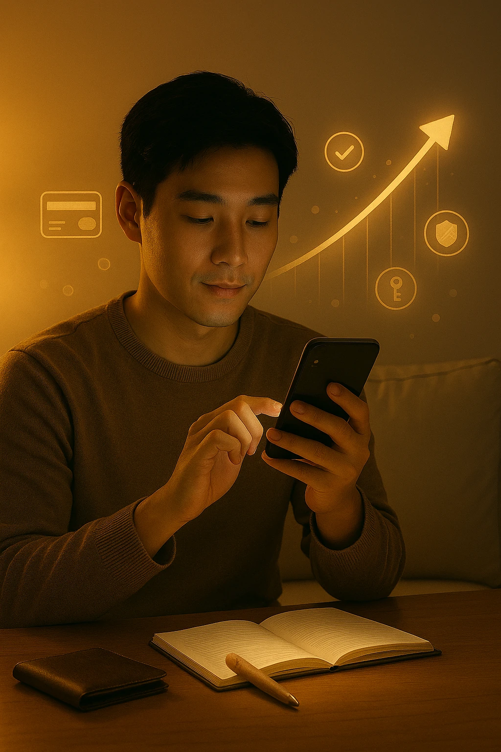 스마트폰을 올려보며 신용등급을 확인하는 젊은이의 집중된 모습과, 배경에 부드럽게 떠 있는 우상향 그래프와 신용 상징 아이콘들이 신중한 금융 관리의 분위기를 전하는 장면