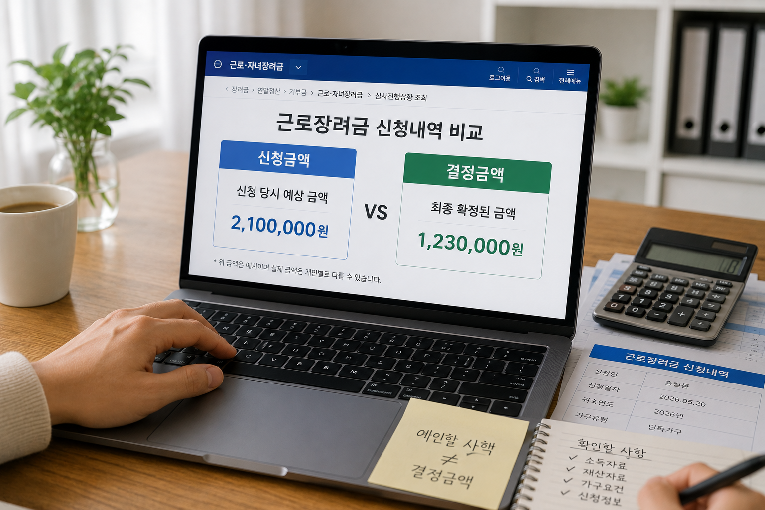 노트북 화면에서 신청금액과 결정금액을 좌우로 비교하는 장면