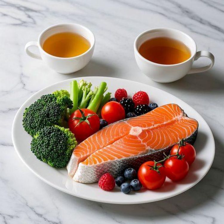 건강한 식재료들이 아름답게 배치된 모습 - 신선한 연어, 브로콜리, 토마토, 베리류, 녹차가 흰색 대리석 테이블 위에 정갈하게 놓여있고, 자연광이 비치는 밝고 깔끔한 주방 배경, 건강식 느낌의 라이프스타일 사진