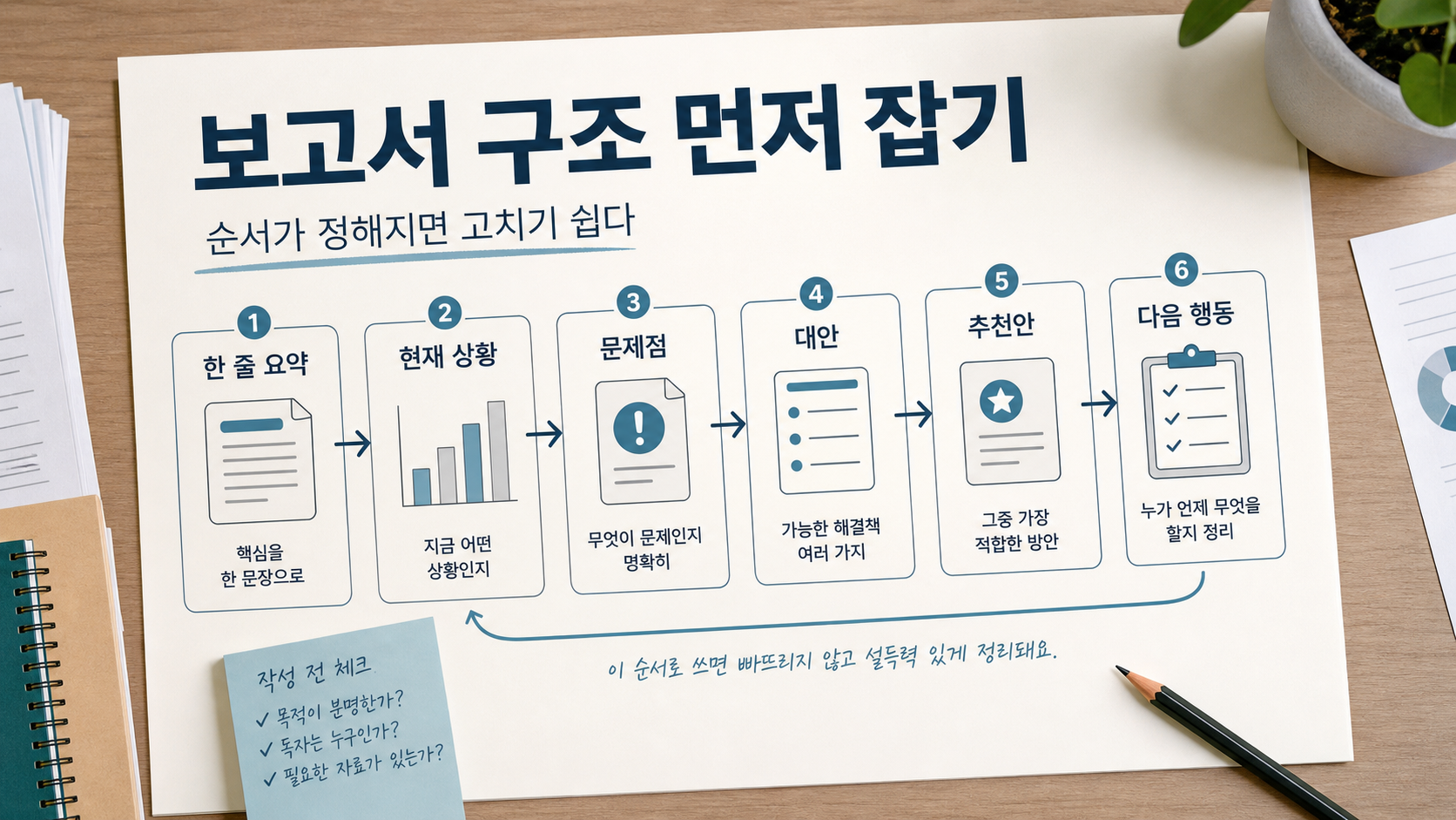 보고서 구조를 노트에 정리하고 노트북의 AI 초안 화면을 확인하는 현실적인 업무 장면
