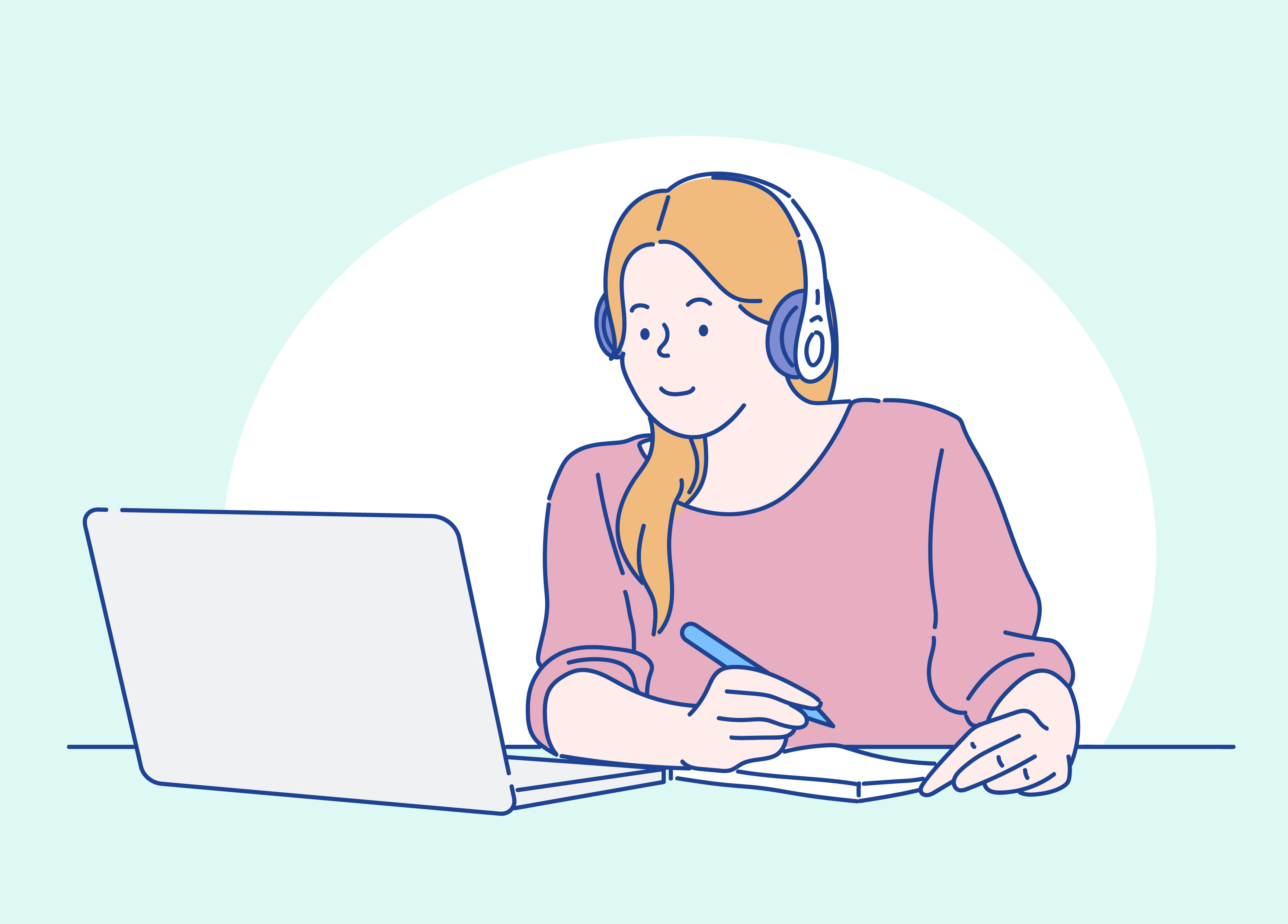 헤드폰을 착용하고 노트북으로 공부를 하고 있는 모습