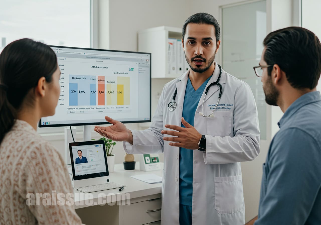 질병이 진행될수록 치료비용이 증가하는 이유를 설명하는 의사와 환자. 디지털 화면을 통해 질병이 진행되면 치료비가 증가하는 모습을 보여주는 장면. 현대적인 병원 환경.
