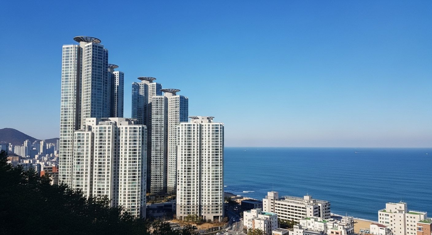 부산 해운대 고층 주상복합 아파트와 바다를 배경으로 촬영