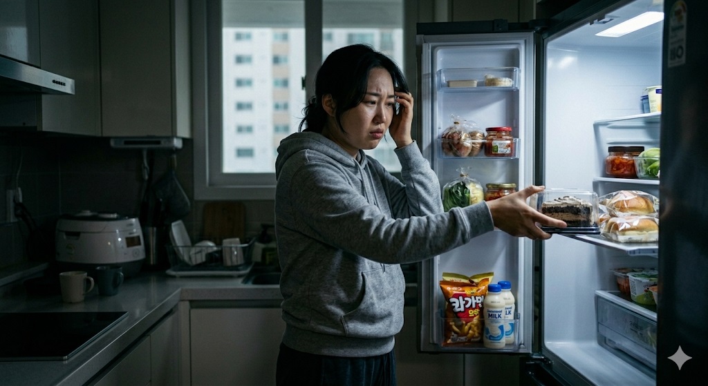 야밤에 가짜 식욕에 시달려 냉장고에서 단 음식을 찾는 모습