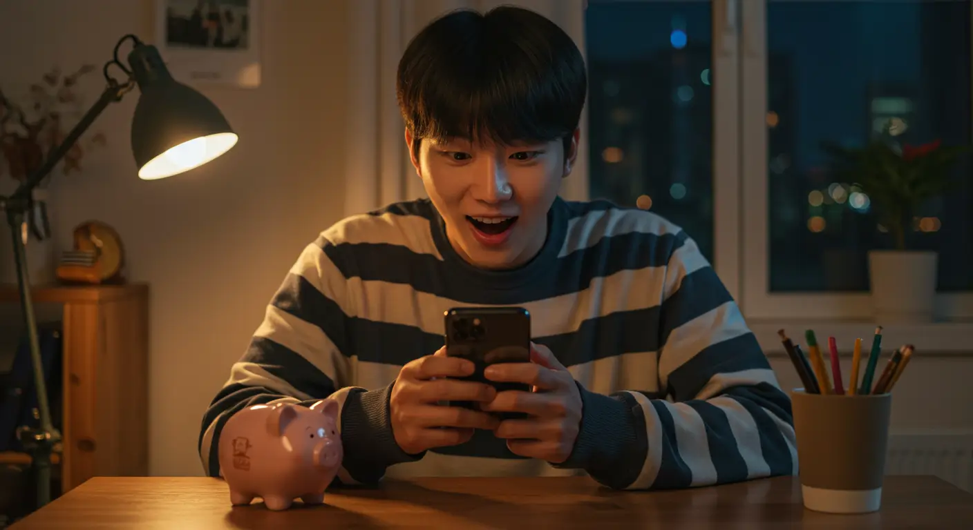 돼지 저금통 옆에서 스마트폰으로 첫차로 살 중고차를 알아보는 한국인 사회초년생