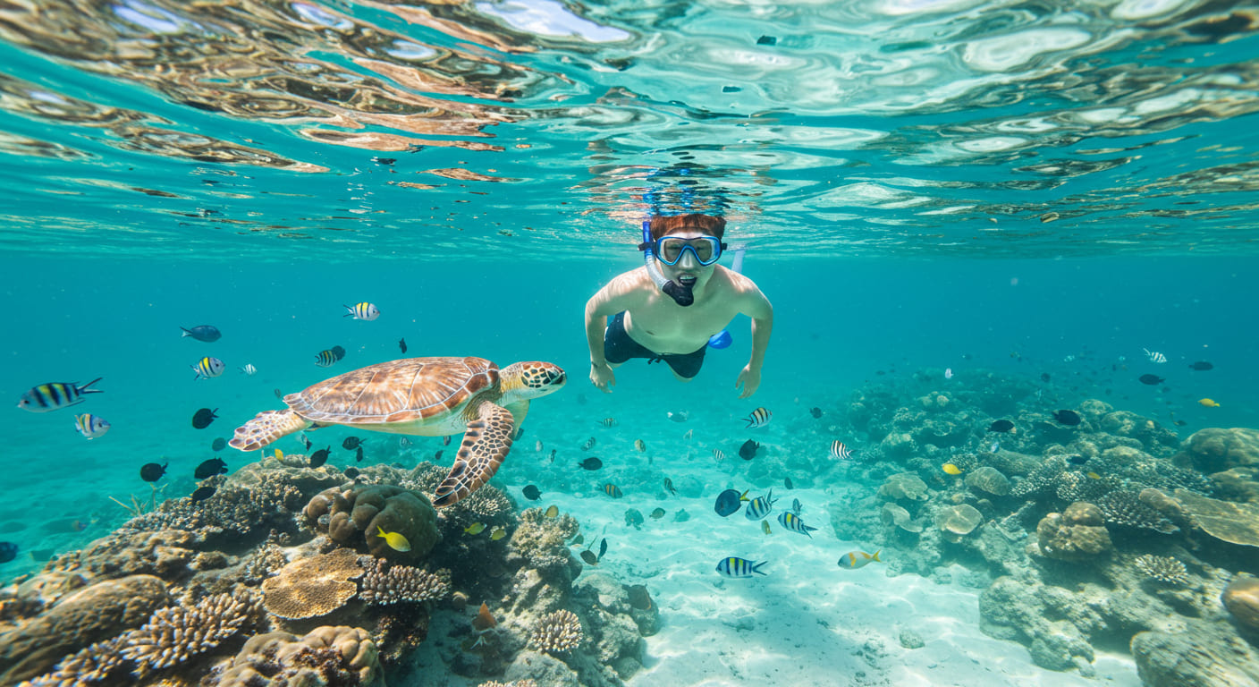 케라마제도에서 스노클링하며 바다거북과 함께하는 한국인