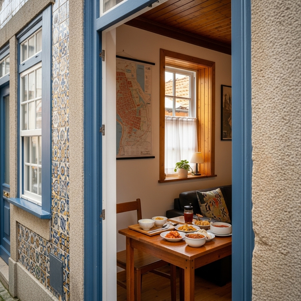 포르투갈의 아름다운 도시 포르투에 위치한 한인민박의 아늑한 내부 전경. 따뜻한 햇살이 드는 창가에 포르투 지도가 걸려있고, 정갈한 한식 조식이 놓인 테이블이 보인다.
