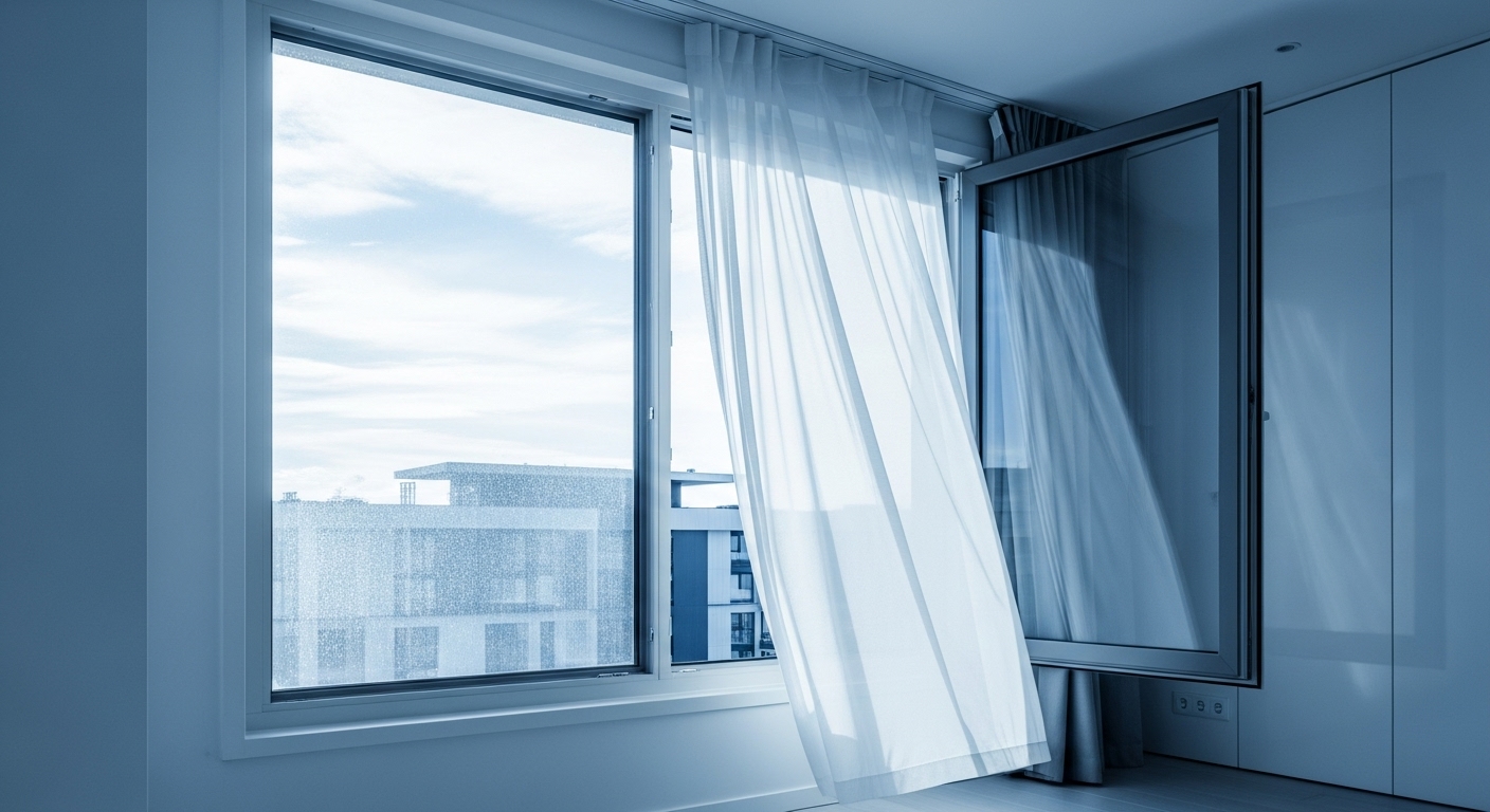 창문을 활짝 열어 환기하는 모습, 신선한 공기가 유입되며 결로를 방지하는 쾌적한 실내 환경.