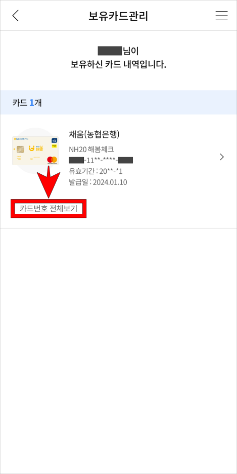보유카드의 '카드번호 전체보기'를 선택