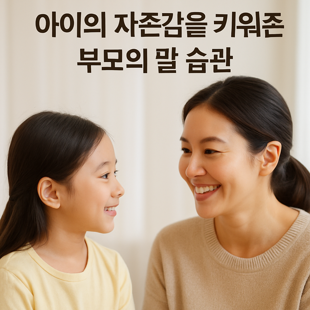 부모가 아이의 눈을 보며 따뜻하게 미소 지으며 대화하는 장면