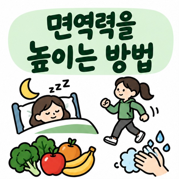수면과 운동, 채소와 과일, 손 씻기 아이콘 옆에 면역력을 높이는 방법이라는 제목이 크게 적힌 대표 썸네일